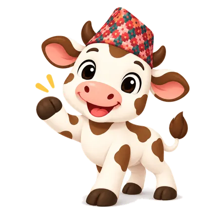 Nepali Buddy's mascot: a friendly young cow wearing a Dhaka topi, waving hello